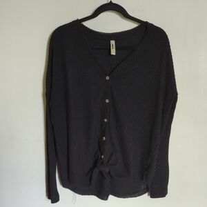 Lara Fashion Button Tie-Front Black Waffle-Knit Cardigan Boxy Oversized Size M
